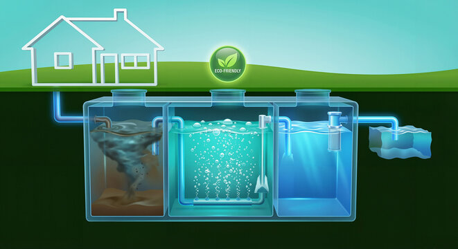 Underground wastewater treatment plant diagram with three chambers for septic tank and eco friendly filtration system illustration