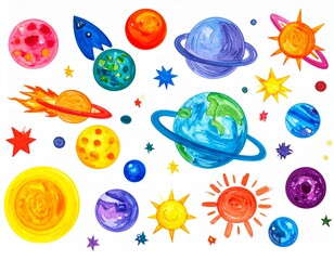 childish colour pencil drawing of planets and stars in space