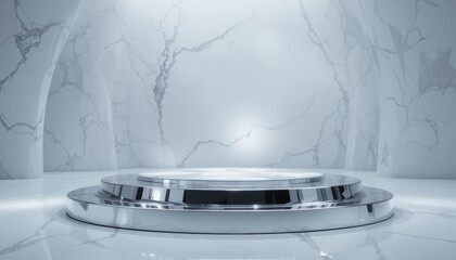 Modern silver podium in sleek marble room with bright lighting