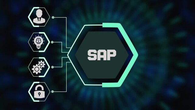 SAP enterprise resource planning system with business management and integrated corporate software icons. - Powered by Adobe