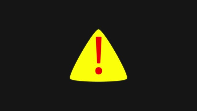 Yellow Flat triangle exclamation for alert notification video.  Triangle icon for danger zone and alert symbol. Glowing warning sign triangle with exclamation mark. 4k footage.