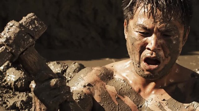 A man covered in mud works hard with a hammer, his face etched with exhaustion and effort