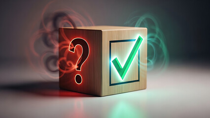 A wooden cube with a glowing red question mark on one side and a green check mark on the other side on a minimal soft focus background with confusion