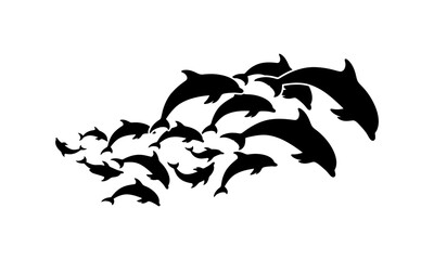 A school of dolphins swimming gracefully through the ocean, symbolizing freedom, joy, and the beauty of marine life in a captivating silhouette