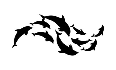 Dynamic silhouette illustration capturing a playful pod of dolphins leaping and swimming gracefully through ocean waves, conveying energy and freedom
