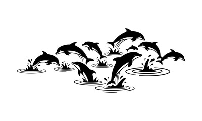 Dynamic graphic showcasing a playful pod of dolphins in unison, gracefully emerging from the water, celebrating the vitality of marine ecosystems and shared freedom