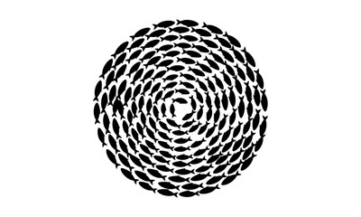 A mesmerizing school of small black fish forming a perfect circular spiral pattern against a clean white background, symbolizing unity and movement in nature
