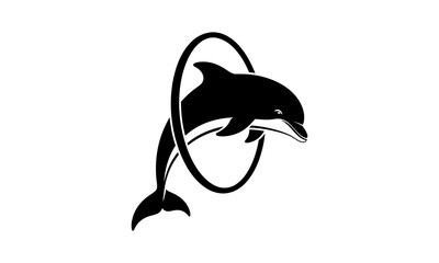 Graceful Dolphin Leaping Through a Hoop in a Dynamic Black and White Graphic Design Representing Playfulness and Agility of Marine Life