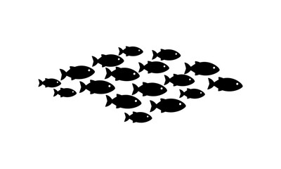 A school of small, dark fish swimming together in a synchronized formation, creating a dynamic underwater visual