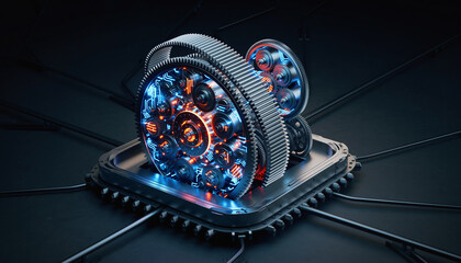 Futuristic gear mechanism centered on technological processor with glowing lights. Suitable for techthemed designs, innovation concepts, and futuristic illustrations.