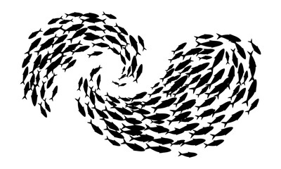 A school of small fish forming a swirling pattern, creating a dynamic and fluid shape against a white background, evoking a sense of movement and unity in nature