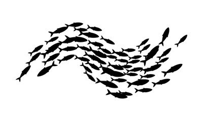 Dynamic silhouette of a vibrant school of small fish moving in a harmonious wave pattern, symbolizing unity and natural flow within the ocean's depths and collective action