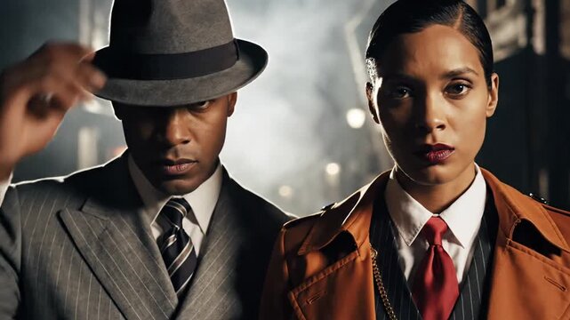 Stylish duo in vintage attire, a man in a fedora tips his hat to a woman in a tailored coat, embodying classic glamour and sophistication