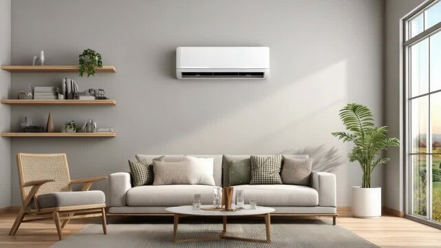 Modern interior living room with air conditioner, sofa, plants and sunlight. Designed to provide comfort and functionality