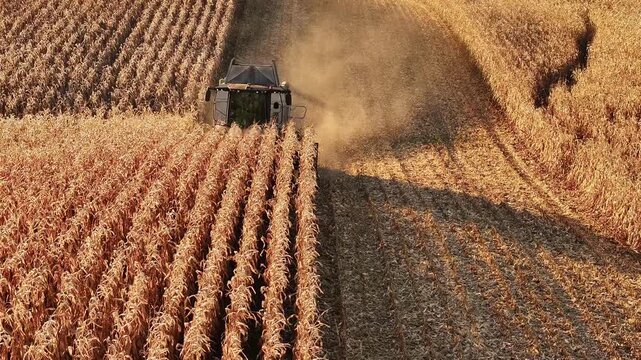Agricultural machinery is actively harvesting golden corn in a vast field, surrounded by rows of dry stalks, capturing the essence of rural farming and the beauty of seasonal change