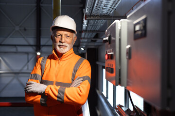 Mature engineer with hard hat and reflective jacket
