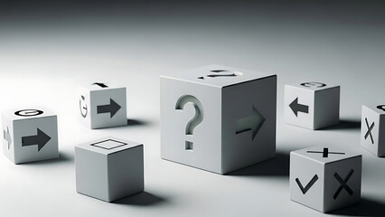 Symbolic image of choices and options represented by white cubes with question marks arrows and symbols on a clean minimalist background with decision making