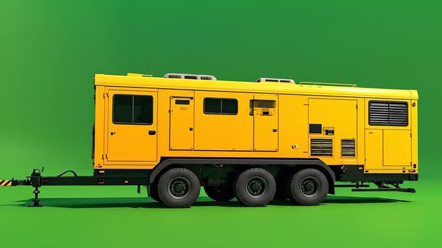 A heavy-duty yellow mobile generator trailer rotates on a vibrant green screen background.
