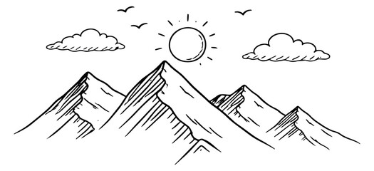 Hand drawn line art illustration of a mountain landscape depicting sun, clouds, and birds for nature themed designs