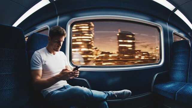Man using smartphone while traveling by train at night with city lights visible through the window