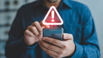 Man in blue shirt holding smartphone with warning sign above screen