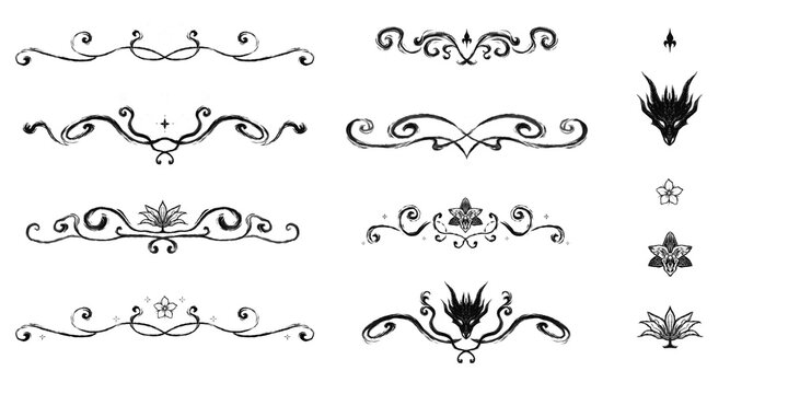 Set of fantasy paragraph spacers and fantasy illutration icons with stars, swirls and flowers for books, rpgs, fantasy