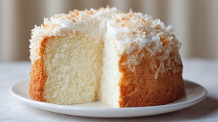 Coconut chiffon cake photographed close-up, soft neutral backdrop, texture-focused composition