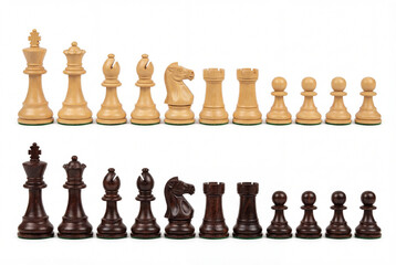 Two full sets of classic wooden chess pieces, light and dark, isolated on a white background. Game, strategy, and competition concept.