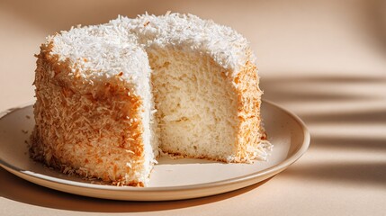 Coconut chiffon cake photographed from side, light beige background, height-focused composition