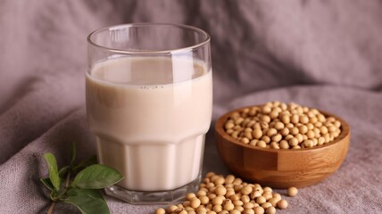Glass of soy milk with soybeans in a wooden bowl on a fabric background