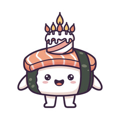 Cute Cartoon Sushi Character with Birthday Cake