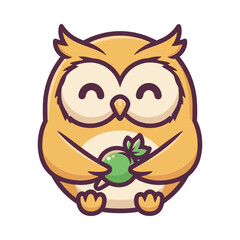 Cute Cartoon Owl Holding Apple Vector Illustration