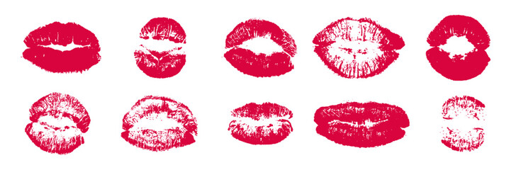 Collection of Red Lipstick Kiss Marks Isolated on transparent  background. Vector collection of female  mouth or lips imprint