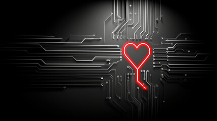 High-tech background: a stylized circuit board texture in shades of gray, with a single vibrant red glowing heart circuit path, conceptual Valentine's Day for IT, sharp focus on mi
