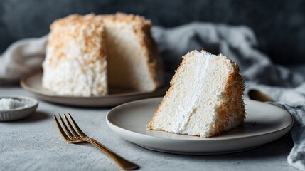 Coconut chiffon cake slice with fork placed minimally, stone-gray surface, copy space