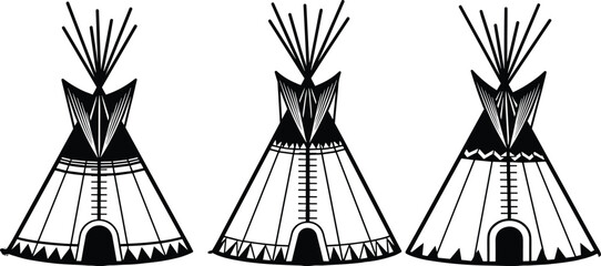 Set of three traditional Native American teepee silhouettes with tribal patterns, indigenous tent vector illustration for cultural design isolated on white background. © Shafik Creatives