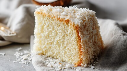 Coconut chiffon cake slice with visible crumb structure, pale gray linen background