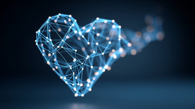 Dynamic abstract wallpaper: interconnected glowing data lines forming a digital heart network against a dark blue background, high-tech Valentine's Day theme, cinematic depth of fi - Powered by Adobe