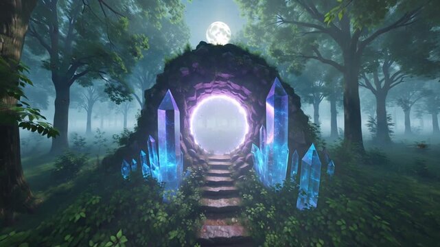 Moonlit magical fantasy forest clearing, floating crystal pathway forming step by step, glowing arcane portal end blue violet moonlight, mystical energy waves, translucent crystals refraction, leaves