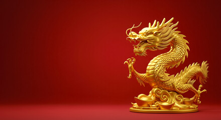 Obraz premium Golden dragon statue on red background, Lunar New Year celebration and prosperity symbol