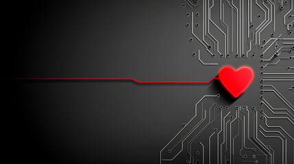 High-tech background: a stylized circuit board texture in shades of gray, with a single vibrant red glowing heart circuit path, conceptual Valentine's Day for IT, sharp focus on mi