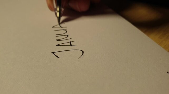 Macro shot of a person writing the word January on a notebook page, representing new year planning, calendar organization, scheduling, and fresh beginnings for 2026.