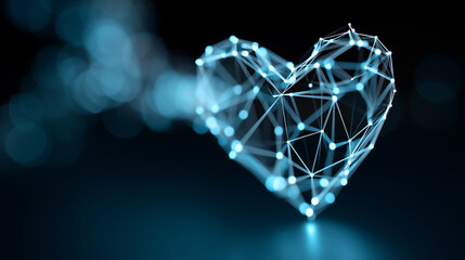 Dynamic abstract wallpaper: interconnected glowing data lines forming a digital heart network against a dark blue background, high-tech Valentine's Day theme, cinematic depth of fi
