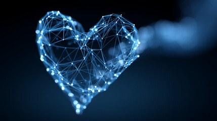 Dynamic abstract wallpaper: interconnected glowing data lines forming a digital heart network against a dark blue background, high-tech Valentine's Day theme, cinematic depth of fi