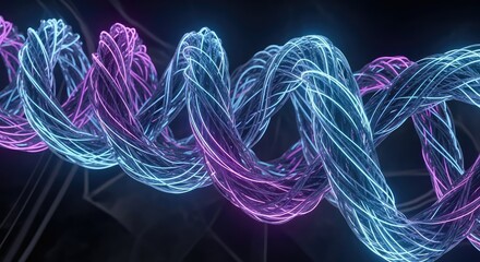 Vibrant purple and blue neon light trails on dark background, abstract technology concept with glowing swirling lines and curves, futuristic digital illustration