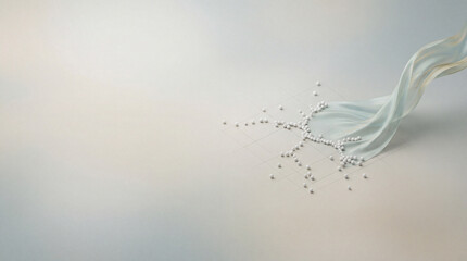 Minimal Abstract Technology Background with Flowing Silk Ribbon and Connected White Data Nodes on Soft Gradient with Copy Space