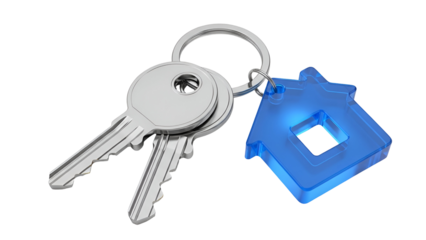 Two silver keys with a blue house keychain on a black background