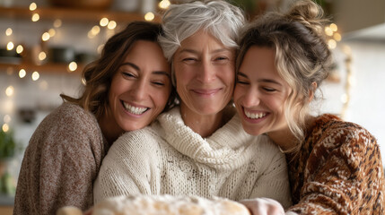 Three generations of women (grandmother, mother, daughter) in a cozy hygge kitchen, baking traditional bread together, International Women's Day sisterhood, soft warm window light,
