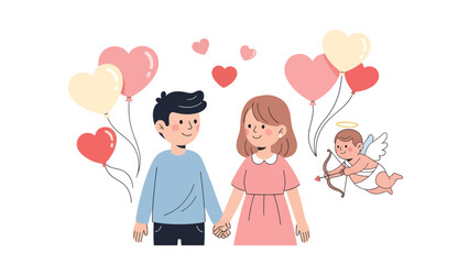 Obraz premium Couple holding hands with heart-shaped balloons and cherub floating above in a whimsical scene