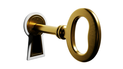 Golden Key Inserted in a Keyhole Against Black Background